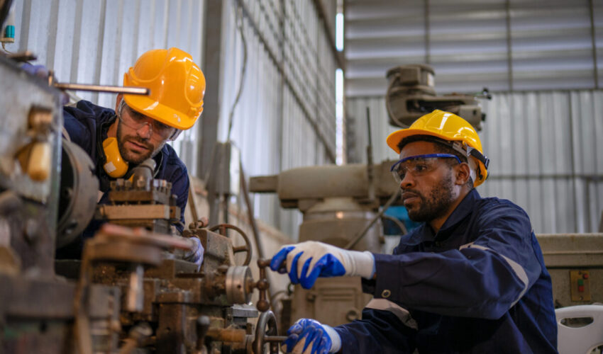 Blue collar workers at machine shop. Factory and machinery.